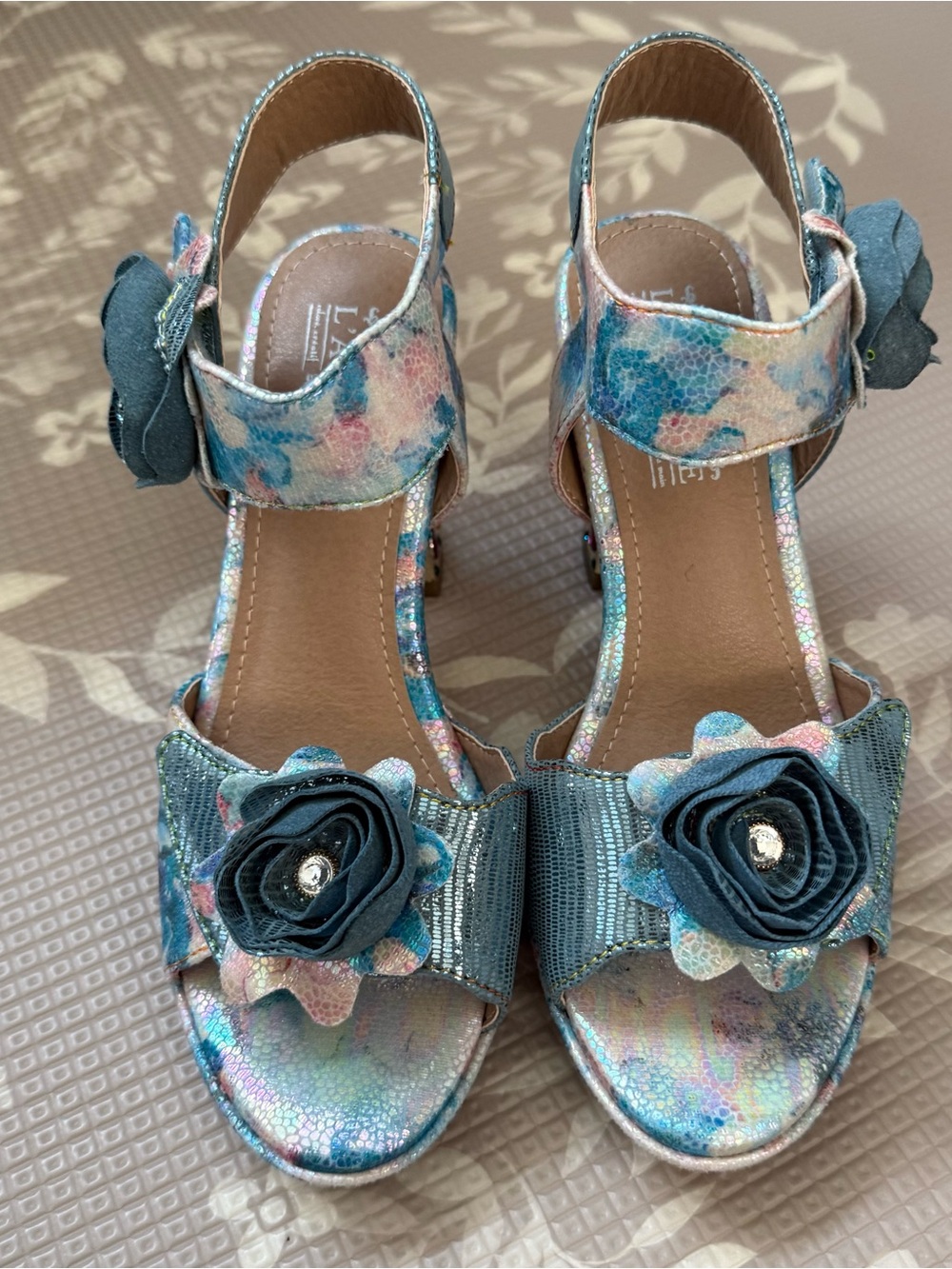 L'ARTISTE Everly Iridescent Blue Floral Women's Sandals with Bejeweled Gem Heels